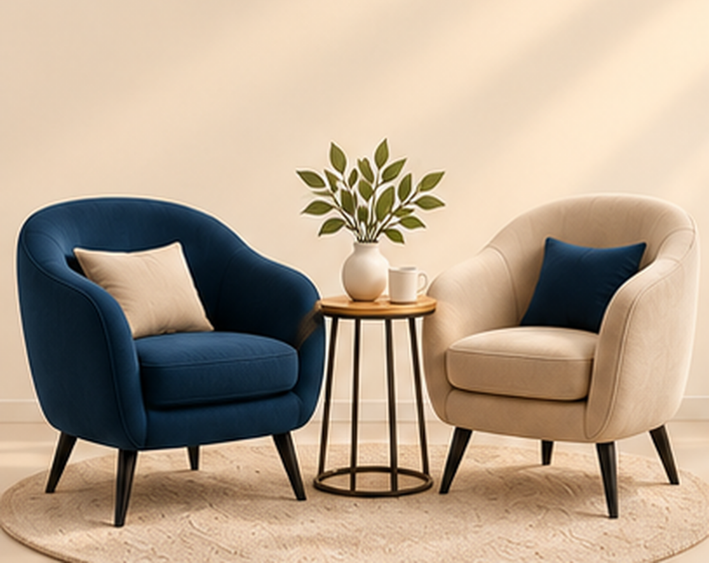 Salon avec deux fauteuils confortables, l'un est bleu foncé, l'autre est beige. Chacun a un coussin de la couleur de l'autre fauteuil. Il y a une petite tablette installée entre les fauteuils sur laquelle est posé un bouquet de fleurs et une tasse. L'endroit est calme et accueillant. On a envie de s'y détendre.