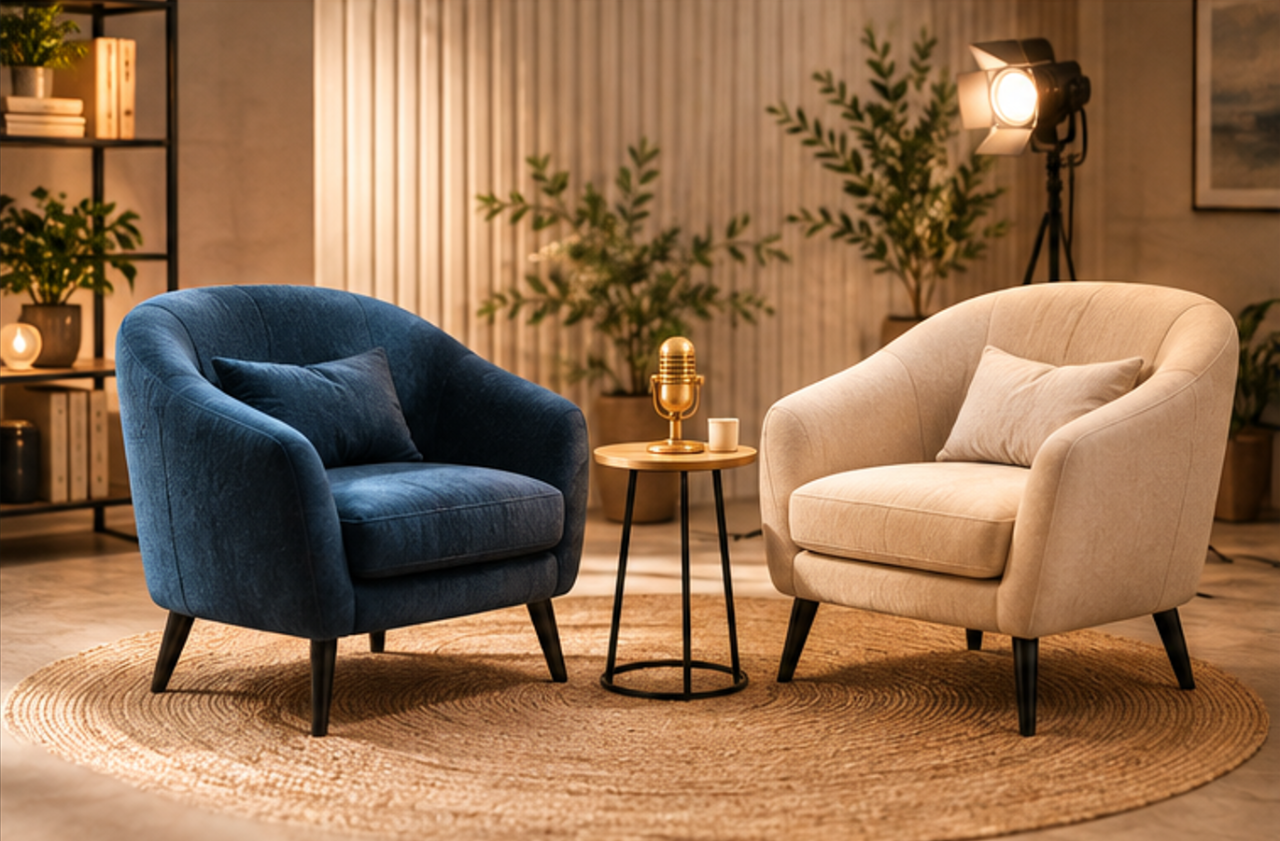 On voit le salon d'une maison décorée avec goût. Deux jolis fauteuils confortables sont installés en vis-à-vis au centre d'un grand tapis rond. Une petite tablette est installée entre les deux fauteuils. Un micro et une tasse y sont posés. A l'arrière plan, deux plantes habillent un mur beige. On distingue aussi une belle étagère en fer forgé et un cadre. Un projecteur et une bougie apportent un lumière douce. Le salon invite à s'y assoir paisiblement.