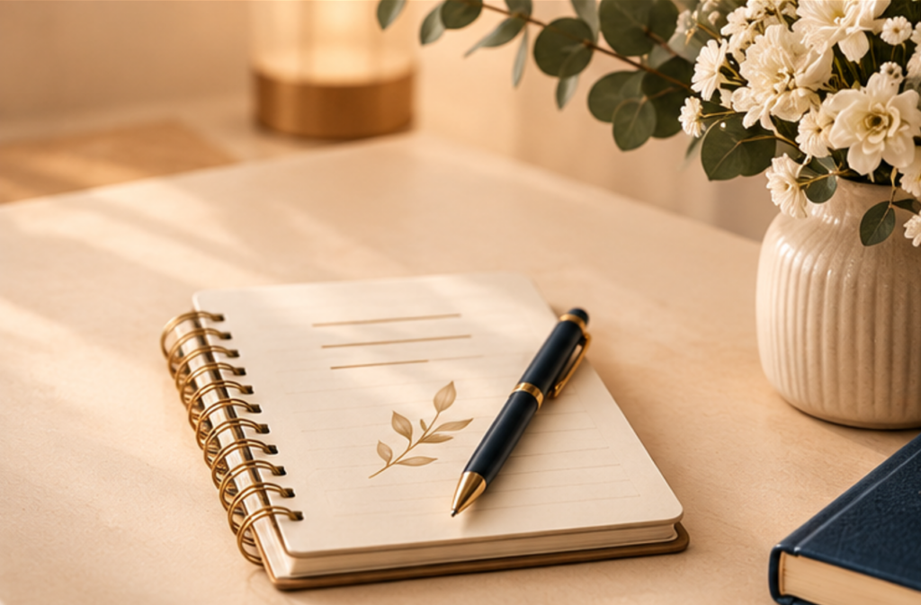 Un carnet de note beige et un crayon sont posés sur une table au premier plan. On distingue autour le bord d'un livre et un bouquet de fleurs. Les couleurs sont chaleureuses. L'image inique qu'on souhaite prendre des notes et préparer quelque chose.