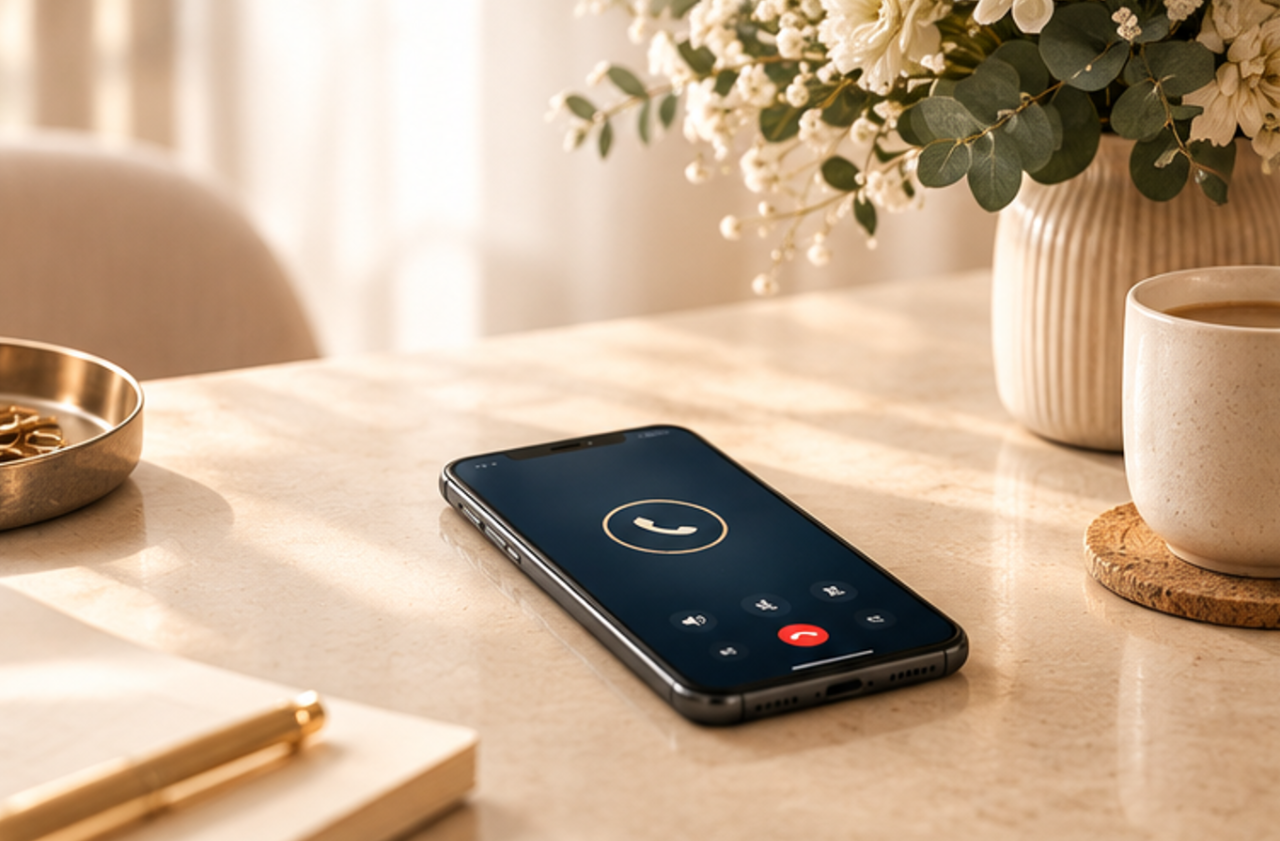 Un smartphone est posé sur une table. une conversation téléphonique est en cours. En fond d'image, on distingue le soleil derrière le rideau et une petite plante. On est dans l'intérieur d'une maison et l'atmosphère y est paisible.
