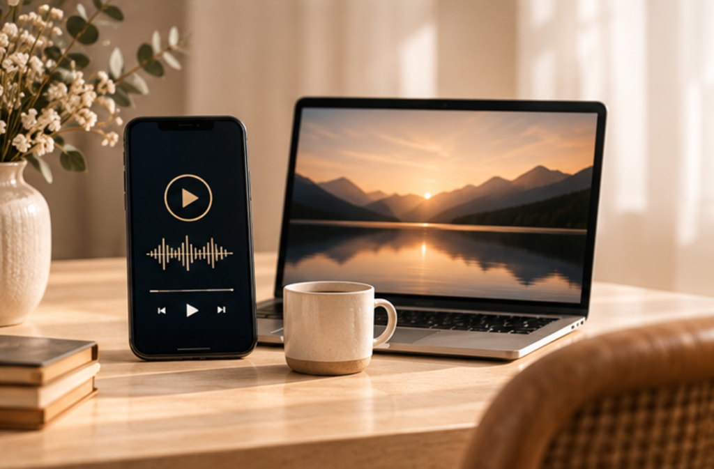 On voit un smartphone avec la lecture d'un podcast en cours. Un ordinateur portable ouvert est posé sur la table à côté du smartphone. La photo d'un joli paysage apparaît sur l'écran. Une tasse à café est posée en premier plan pour indiquer le repos. En arrière plan on distingue le soleil derrière les rideaux. L'endroit est chaleureux et calme. On comprend de cette image qu'on peut utiliser différents outils au choix.