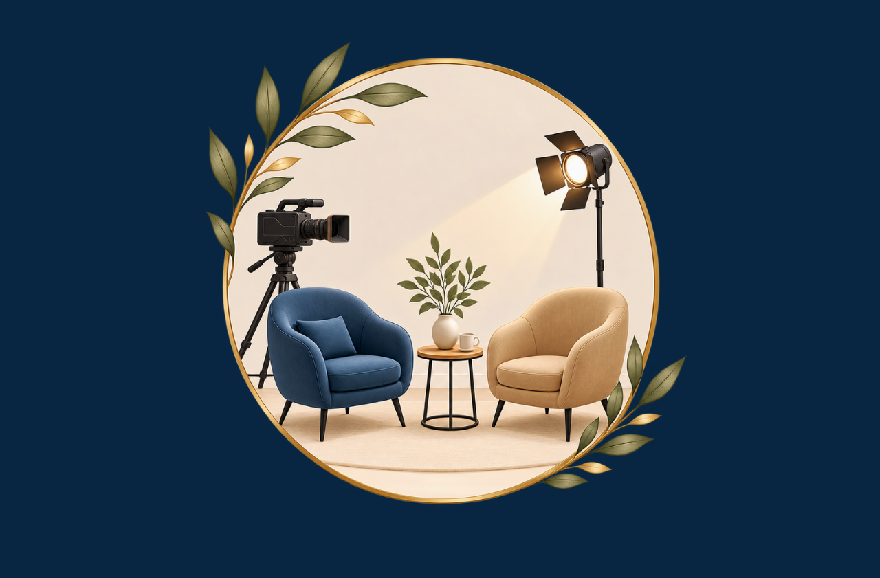 Un salon est illustré au centre de la photo. Il contient deux fauteuils confortable en vis-à-vis. Une tablette est installée entre les deux fauteuils. Une plante et une tasse y sont posées. Le salon est confortables et invite à s'assoir. On s'y sent bien. Une caméra et un projecteur sont installés autour du salon pour indiquer que la conversation est enregistrée. Le salon est au centre d'un cercle doré avec des feuillages. Le reste de l'image est bleu foncé pour inspirer le calme, l'intimité, la discrétion et la confidentialité.